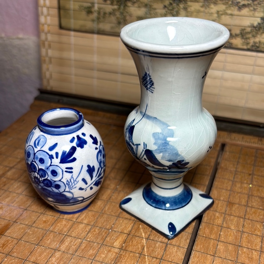 2 Delft Blue Mini Vases w Windmill Vase Flare Rim Trophy and Short Oval Floral